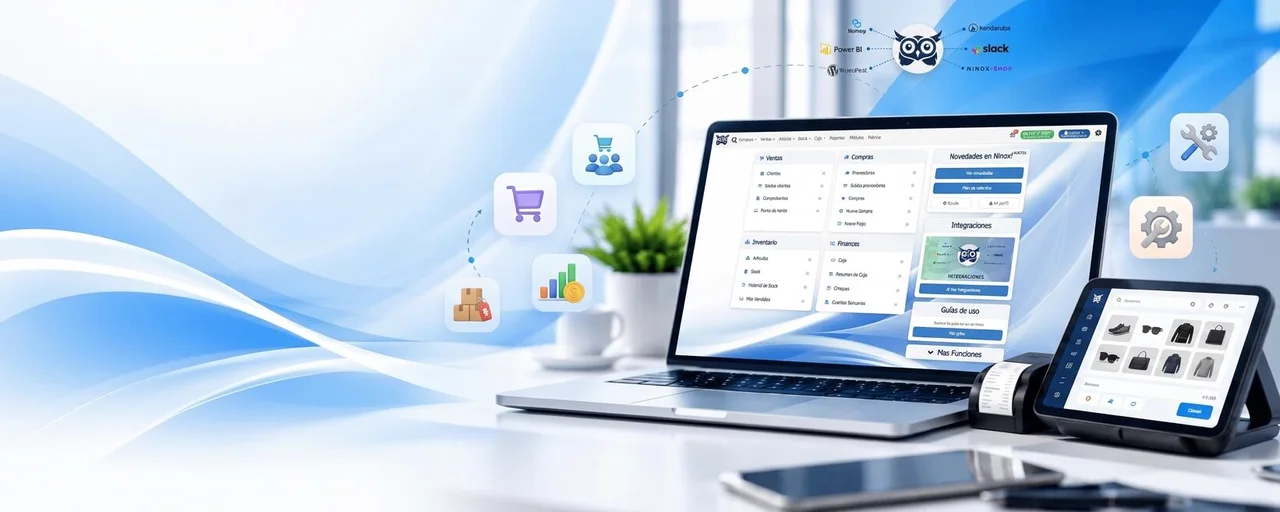 Ninox ERP en una notebook y un punto de venta, con accesos a ventas, compras, inventario, finanzas e integraciones