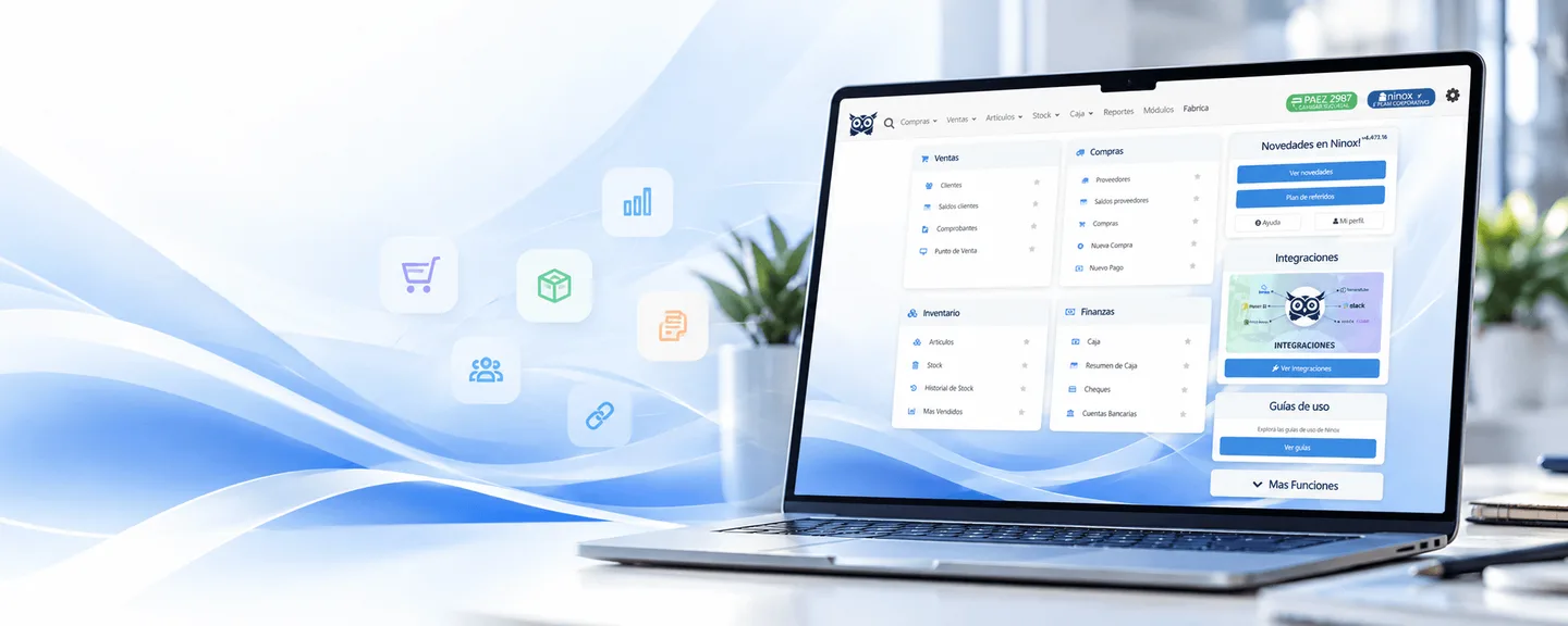 Panel de Ninox ERP en una notebook, con accesos a ventas, compras, inventario y finanzas